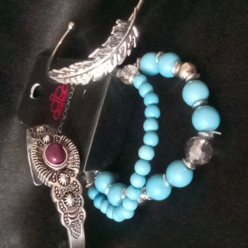3 southwest style Paparazzi bracelets 2 cuffs 1 expandable beaded. Silver tone .
